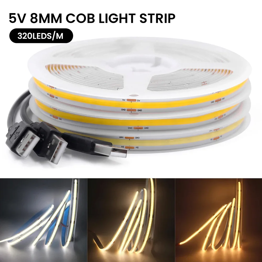 5V USB COB LED Strip High Density RA90 320 LEDs Warm Nature Cool White Ice Blue Flexible Ribbon Light For Room Decoration