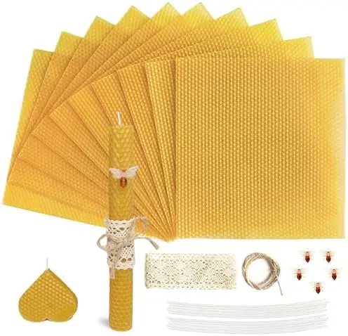 Lacaser Beeswax Candle Kit - 10pcs Sheets + Ornaments, Wicks, Lace & Rope for DIY Candles