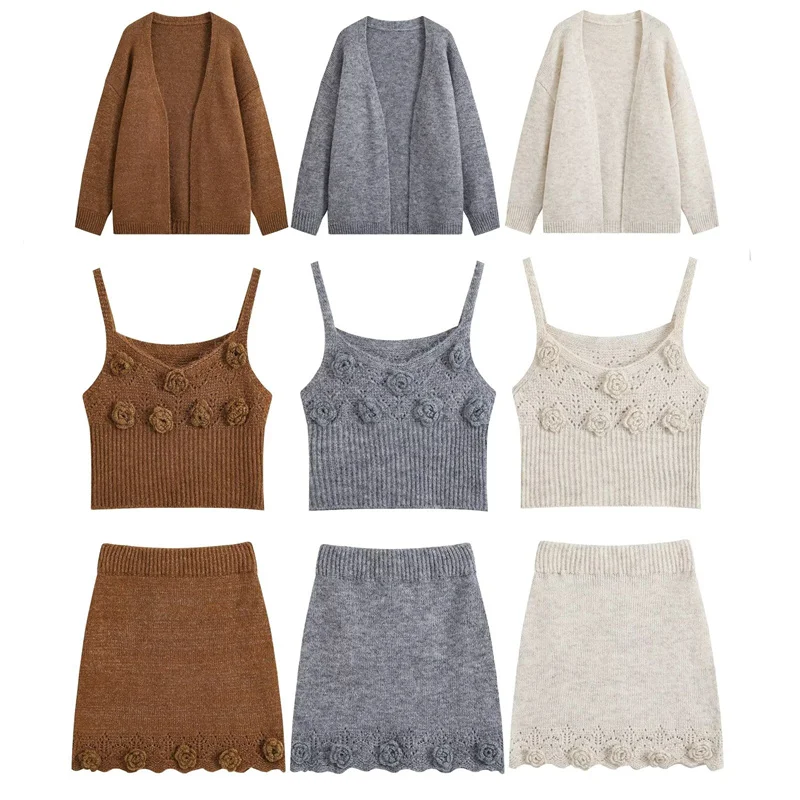 Guobioziy 2026 Women's 3Pcs Knitted Set Autumn New 3D Floral Cardigan Cami Top Mini Skirt Fashion Casual Outfit