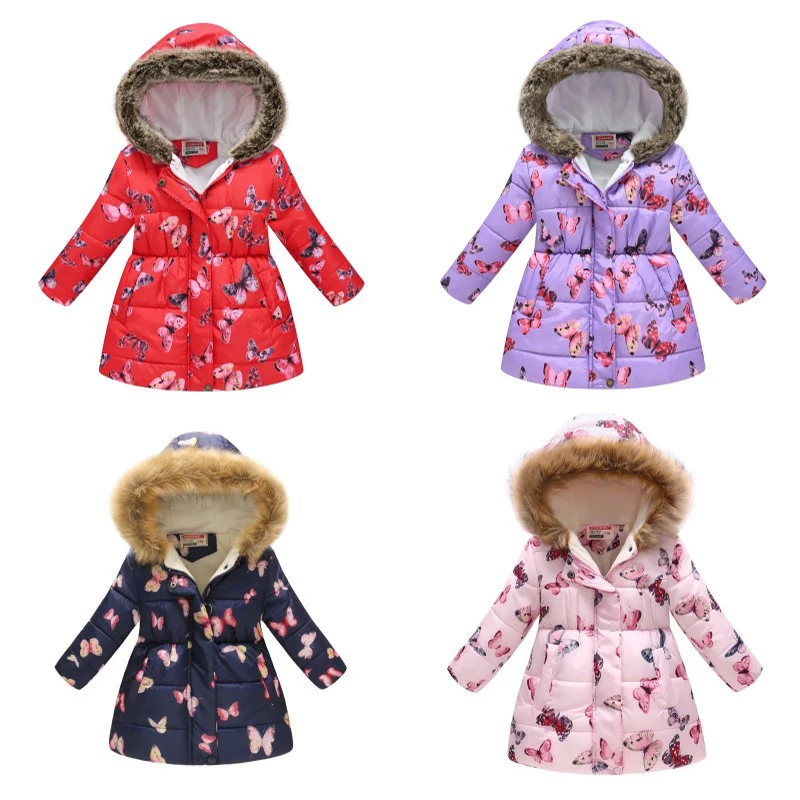 Butterfly Print Hooded Down Jacket Kid Girls Artificial Fur Collar Coat Winter Add Velvet Outerwear Christmas Gift Clothes 3-12Y