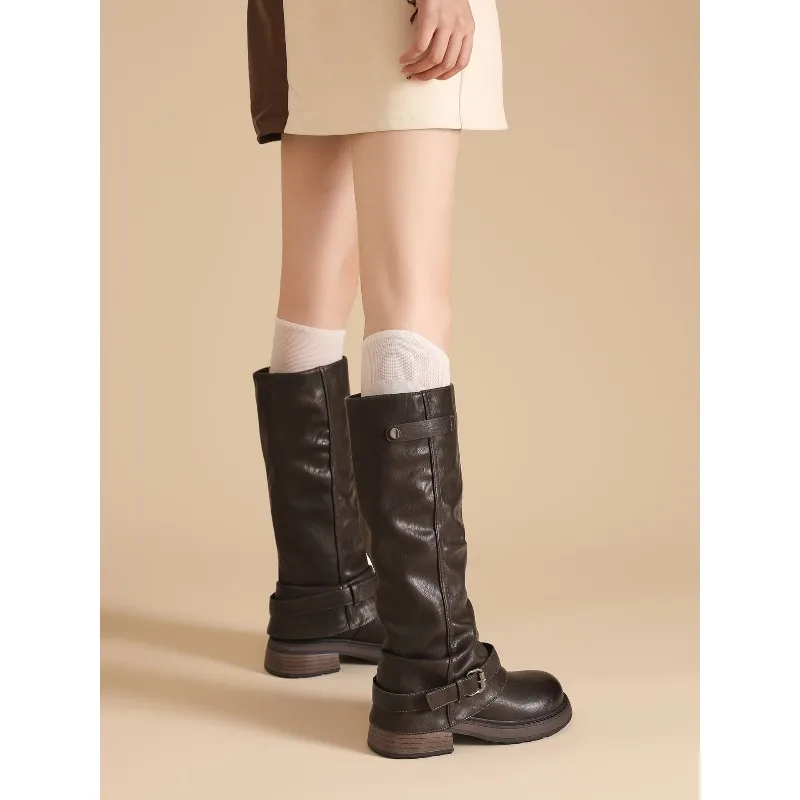 المرأة الركبة عالية كعب سميك المألوف الشرير القوطية جديد روك الجلود المألوف أحذية نسائية دراجة نارية أحذية مريحة #3