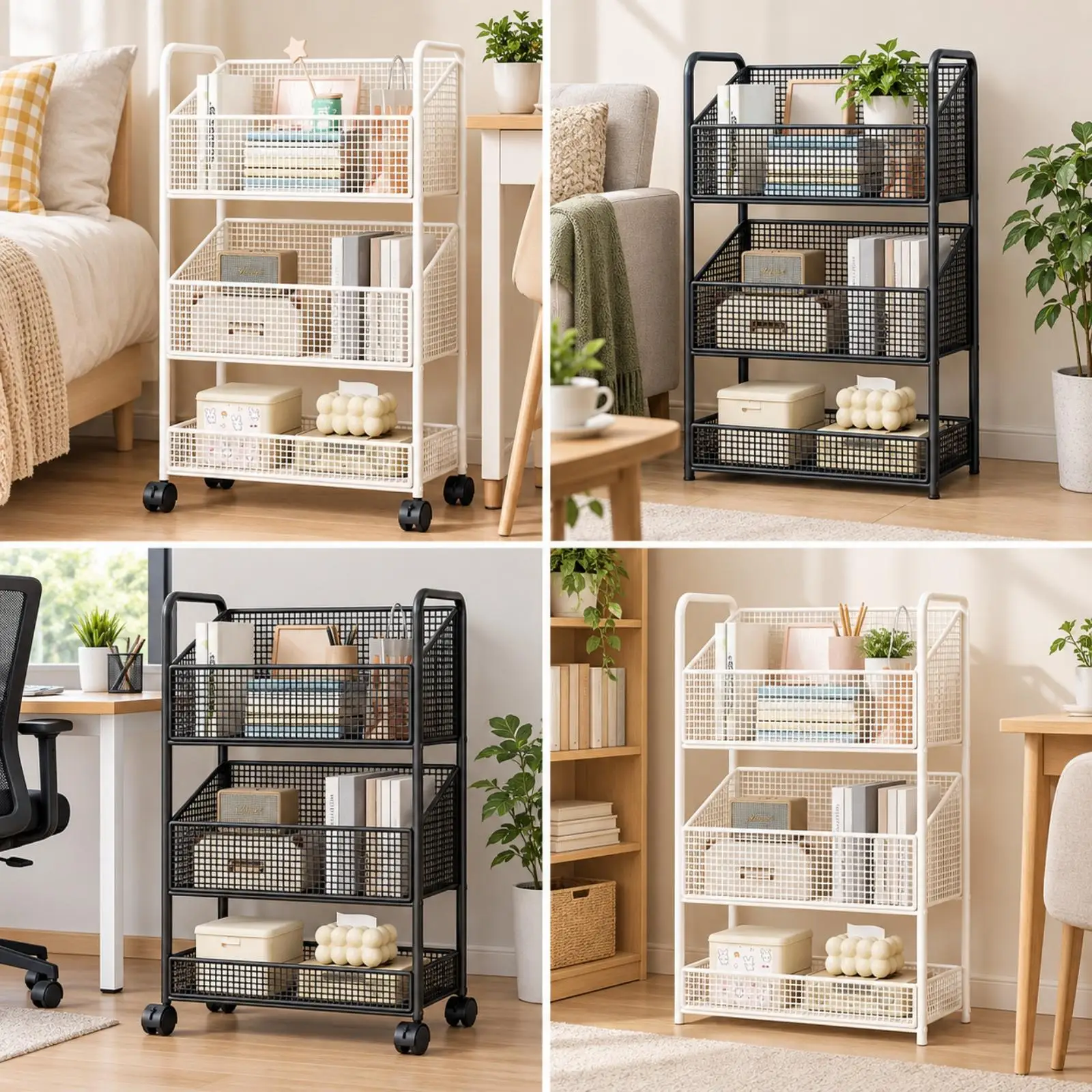 Three Tier Mobile Storage Rack with Wire Grid Shelves and Raised Edges for Bathroom Kitchen Organization