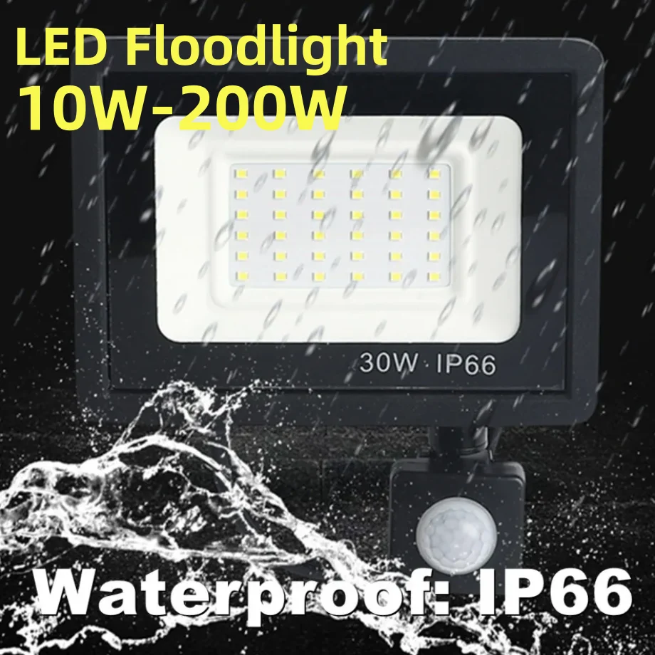AC220V Human Body Induction Floodlight IP66 Waterproof Ultra Bright 200W 100W Outdoor Garden Party Spotlight Night Light