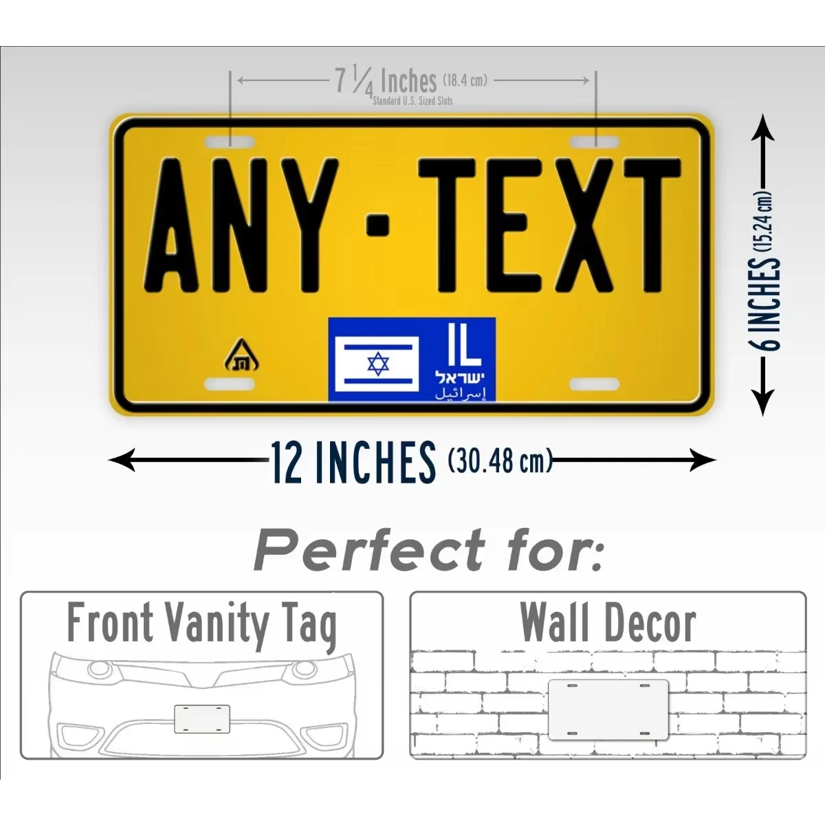 15*30cm Customizable Yellow Car License Plate Plaque, Personalized Custom Any Text Israel IL Flag Metal Tin Sign, Pre-drilled