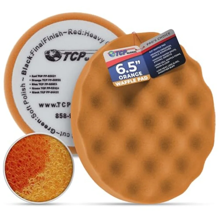

6.5" Orange Waffle Foam Buffing Pad Hook and Loop Backing - Medium Cut Pad for Polishing, Automotive, Marine, Truck, RV and Com
