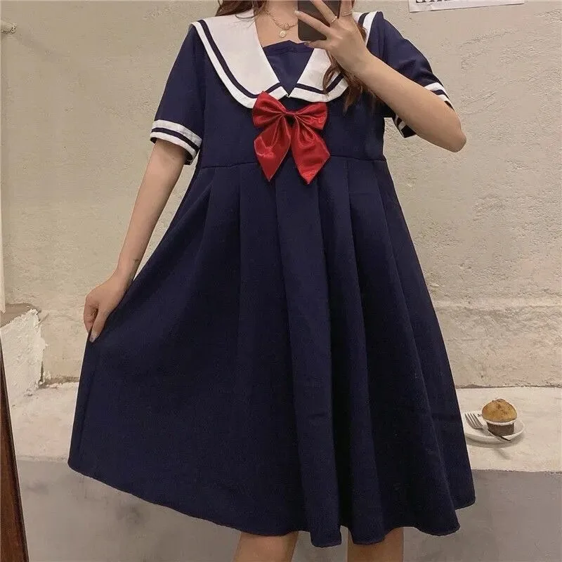 

Sailor Collar Preppy Style Dresses Women Korean Style Bow Loose High Waist A-line Spring and Summer Sweet Short Dress Female