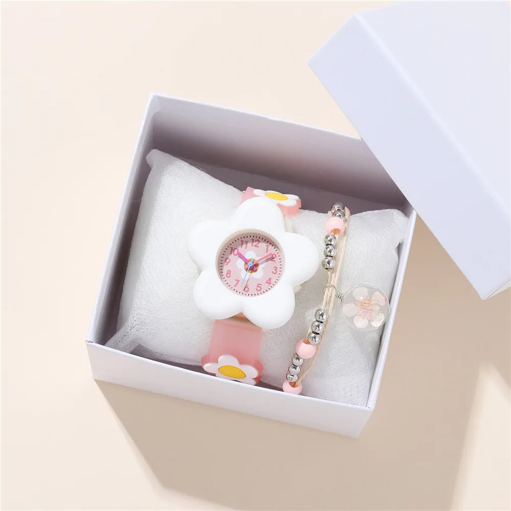 2pcs/set Pink Flowers Dial silicone band Cute Girls Watch For Children