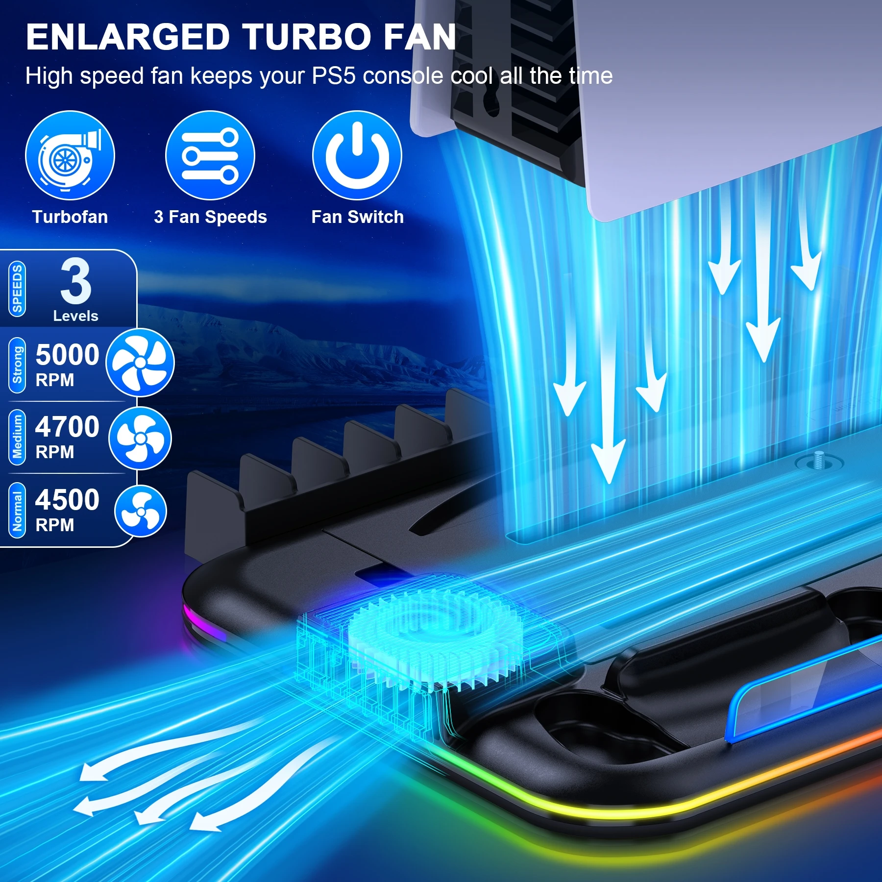 Dinofire Gaming Accessories For PS5 Slim Stand PS5 RGB Cooling Station with Cooling Fan Dual Controller Charger For Playstation5