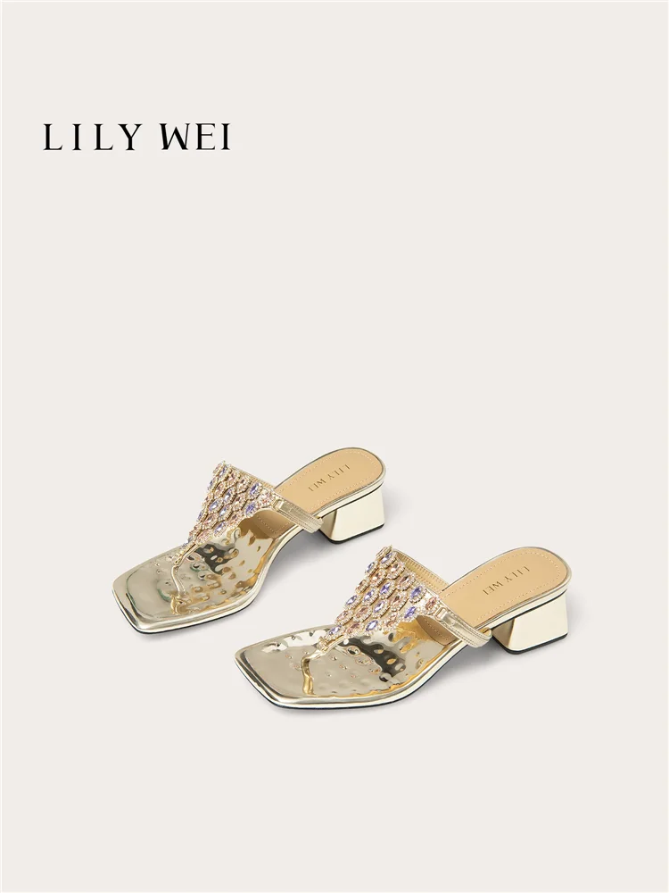 Summer new square toe patent leather rhinestone clip toe thick heel slippers large size small size high heels women's sandals