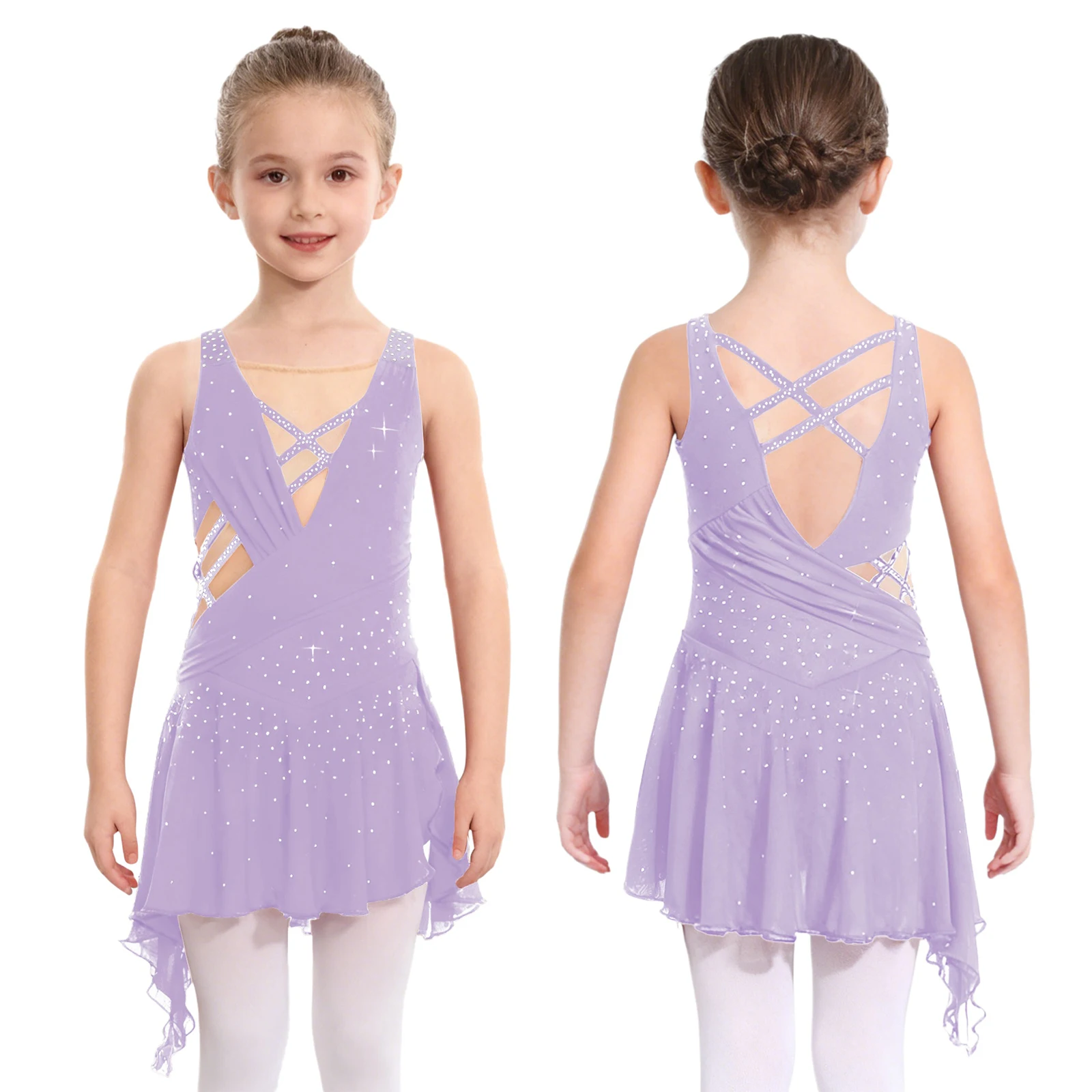 Leotardo de danza de Ballet y gimnasia rítmica para niños y niñas, traje de actuación de danza moderna lírico, vestido de malla sin mangas con diamantes de imitación