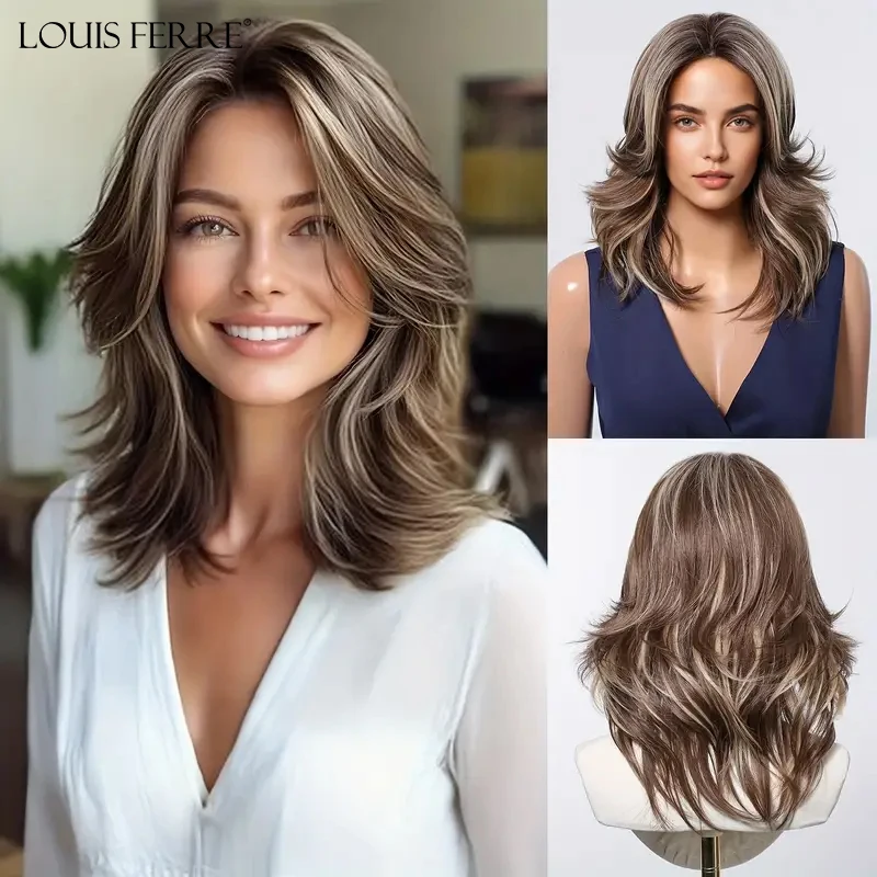 Brown Blonde Highlights Wigs Medium Length Wavy Fake Hair For Women Daily Use Natural Middle Part Heat Resistant Synthetic Wigs