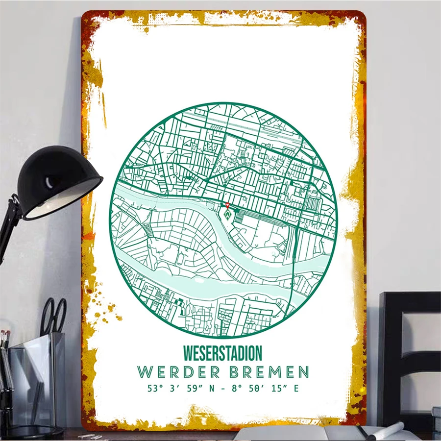 لوحة فنية جدارية معدنية مخصصة من Weserstadium Werder Bremen هدية مروحة خريطة المدينة ديكور 53 ° 3'59"ن