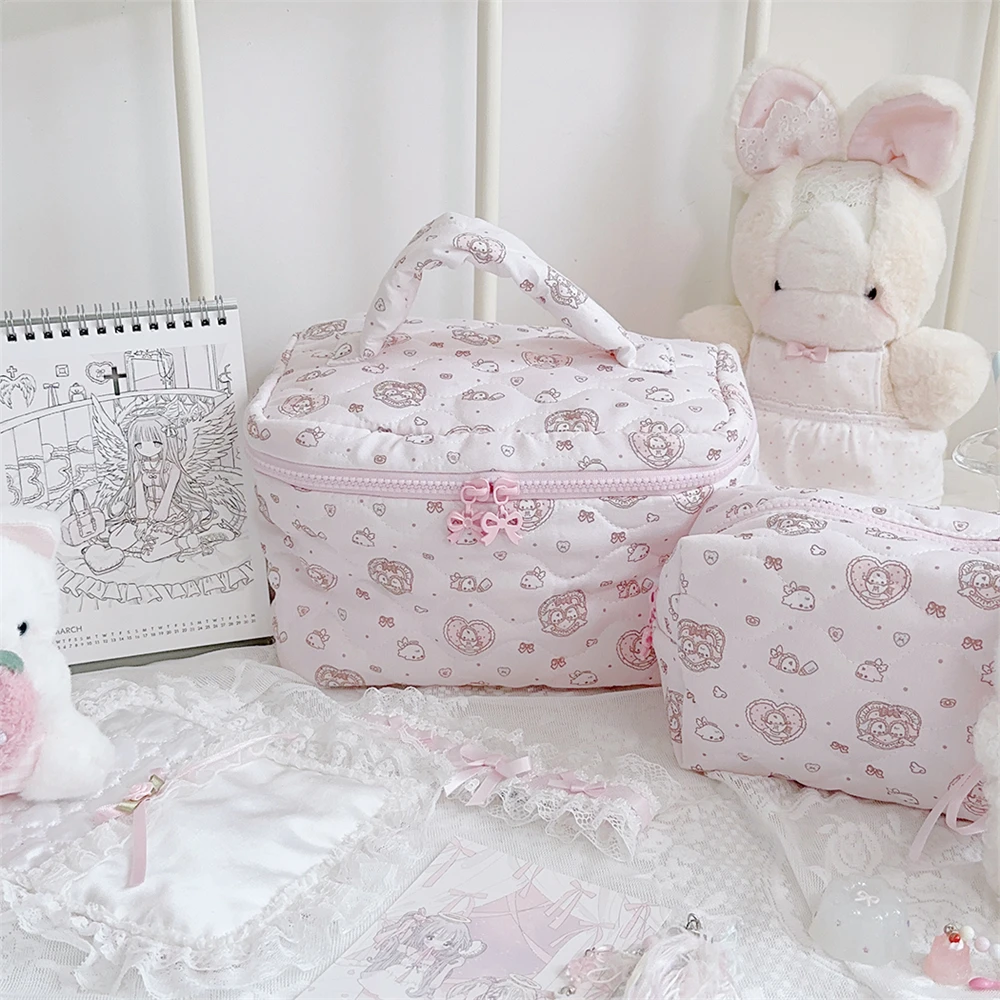 Cute Girl Heart Wave Point Storage Bag Pink Cartoon Seal Printed Portable Handheld Storage Bag Travel Room Storage Bag