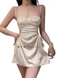 Sexy Women's Summer New Thin Silk Short Dress Elegant Chest Gathering Open Back Suspender Waist Drawstring Hollow Dresses G8PL