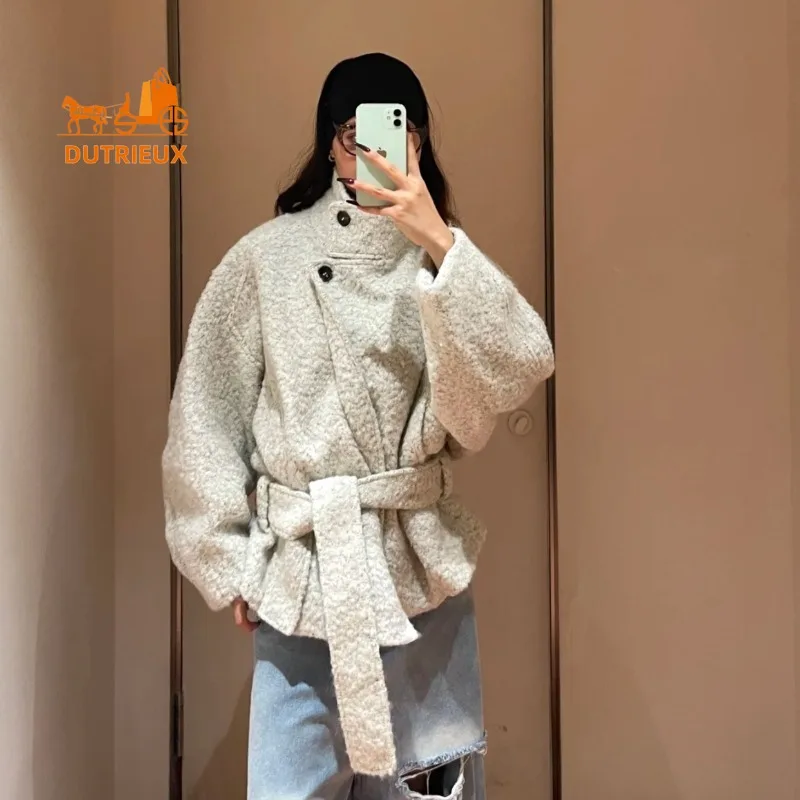 New Winter Woolen Coat for Women Simple Temperament Short Style Stand-up Coll Silhouette Alpaca Wool Coat Belt Waist Warm Jacket