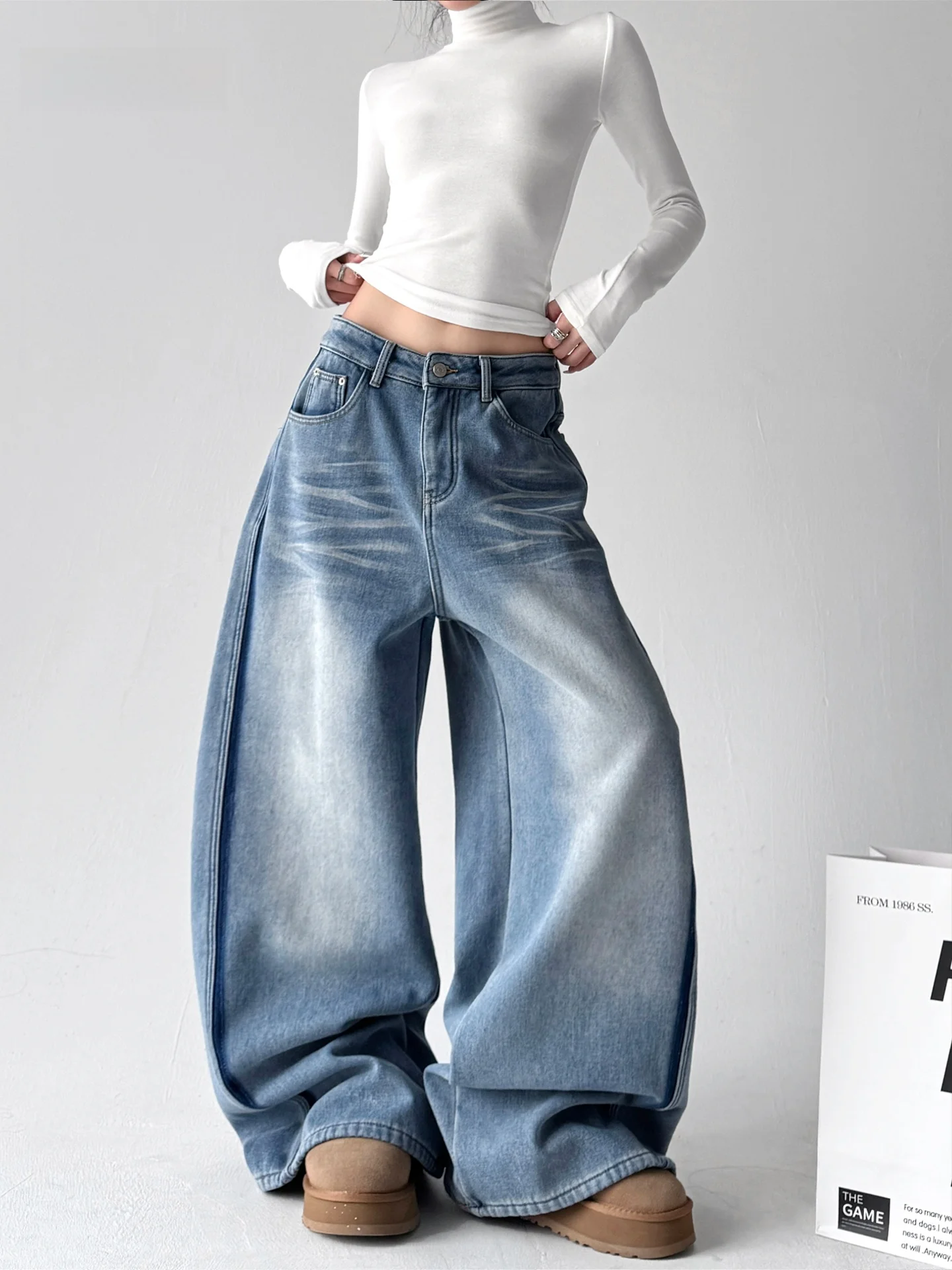 

Синие джинсы с флисовой подкладкой и декоративными элементами, женские, прямого кроя, широкие брюки, зимний стиль для поездок на работу, с низкой талией, из смесового хлопка с эластаном