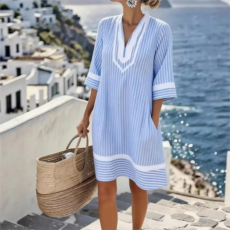 

Summer Women Blue Striped Print V-neck Loose Half sleeve Dress For Women Fashion Casual Seaside Beach Vacation Style Dress