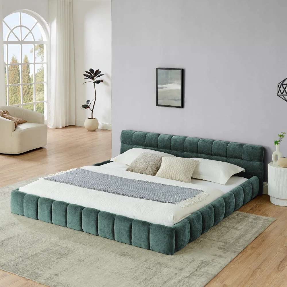 

King/Queen Size Chenille Upholstered Bed Frame with Headboard, No Box Spring - Green (88.5''×85.5''×24'')