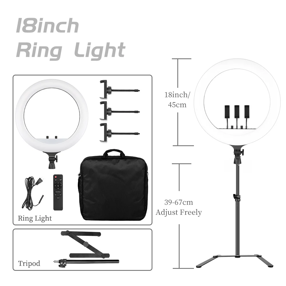 SH 18 Inch Knob Ring Light LED Selfie Video Lamp With Tripod Stand Phone Clip For YouTube Live Lighting Photo Photography Studio