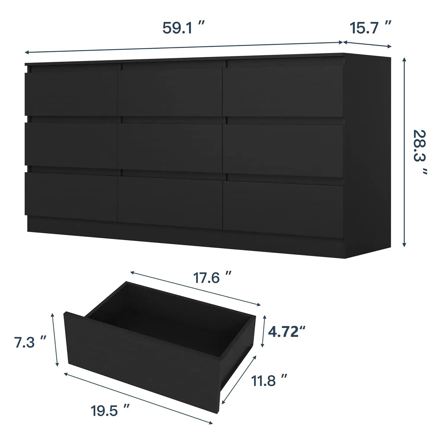 Black 9 Drawer Dresser for Bedroom, Long Dresser with Deep Drawer,Modern Wide Wood Storage Chest of Drawer, Bedroom, Customized