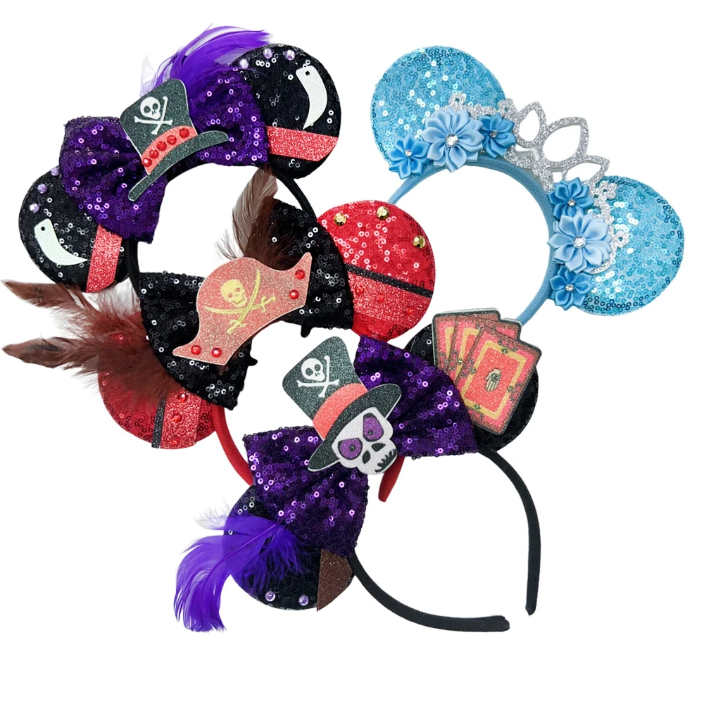 Halloween Mickey Mouse Ear Headband Pirate Hat Bow Sequin Hairband Women Hair Hoop Birthday Gift Adult/Child Cosplay Accessories