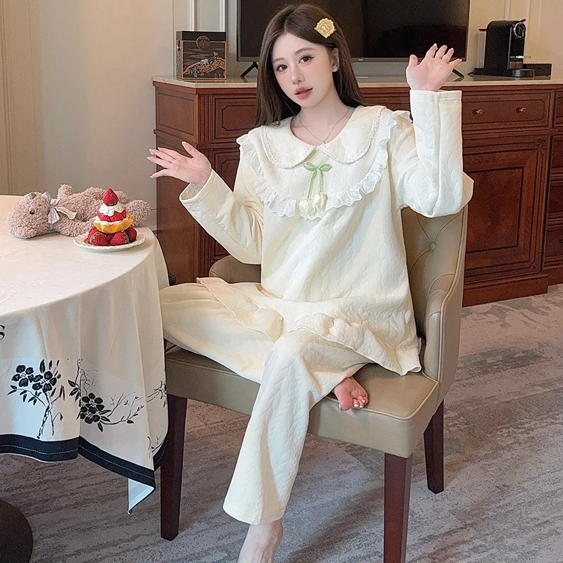 Autumn Winter Ladies Plus-size Lace Pajamas Worn Outside Girls Student Long-sleeve Pants Loose Loungewear Women Set Teen Casual