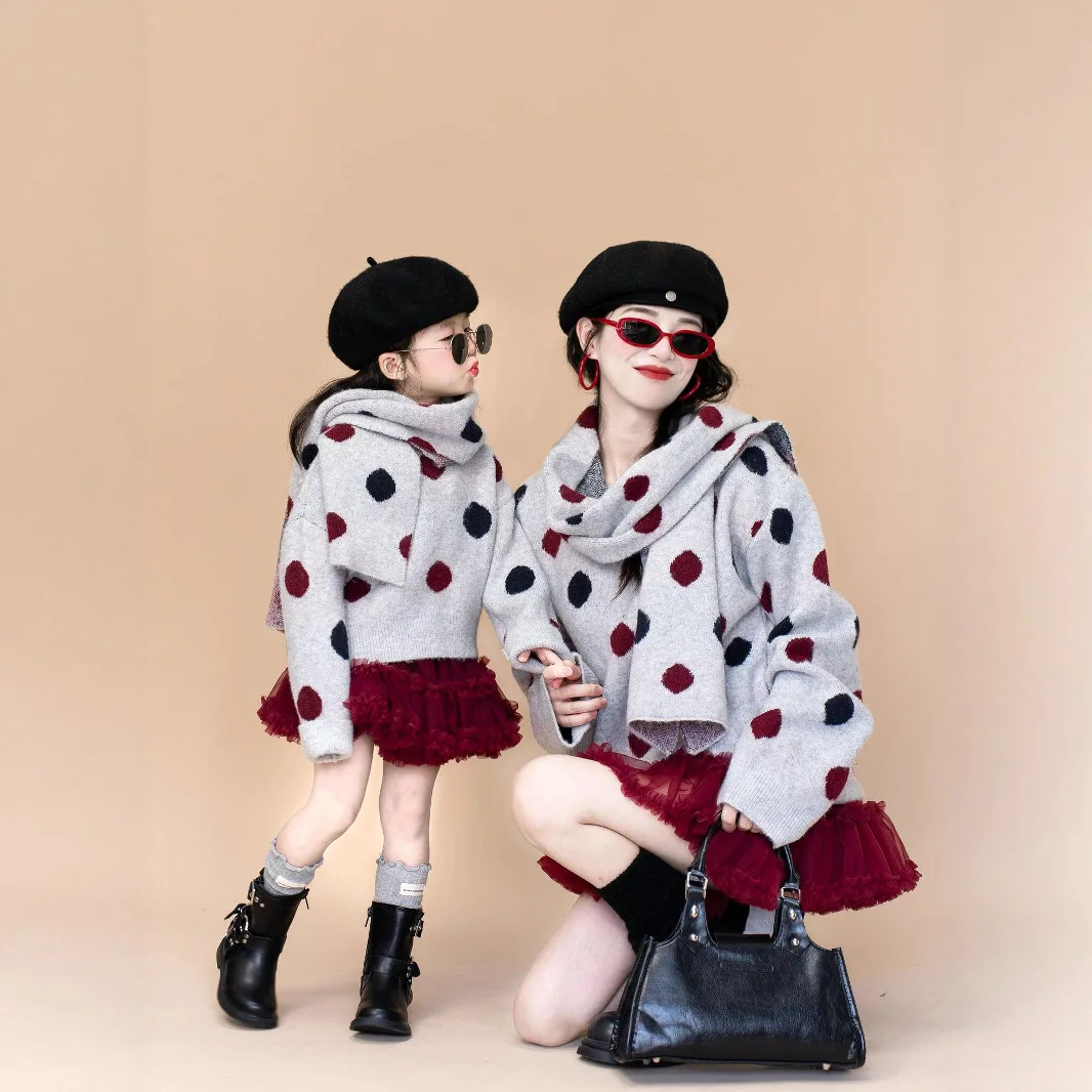 Mommy and Me Matching Sweater Cute Colorful Polka Dot Knitted Jumper with Scarf for Mother & Baby Girl Long Sleeve Warm Pullover