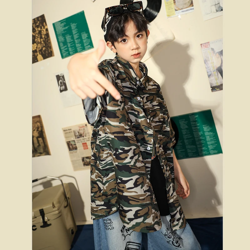 Kids Oversize Camo Shirt Street Wear Clothing Tops Baggy Denim Shorts For Girls Boys Jazz Dance Costume Teenage Hip Hop Clothes