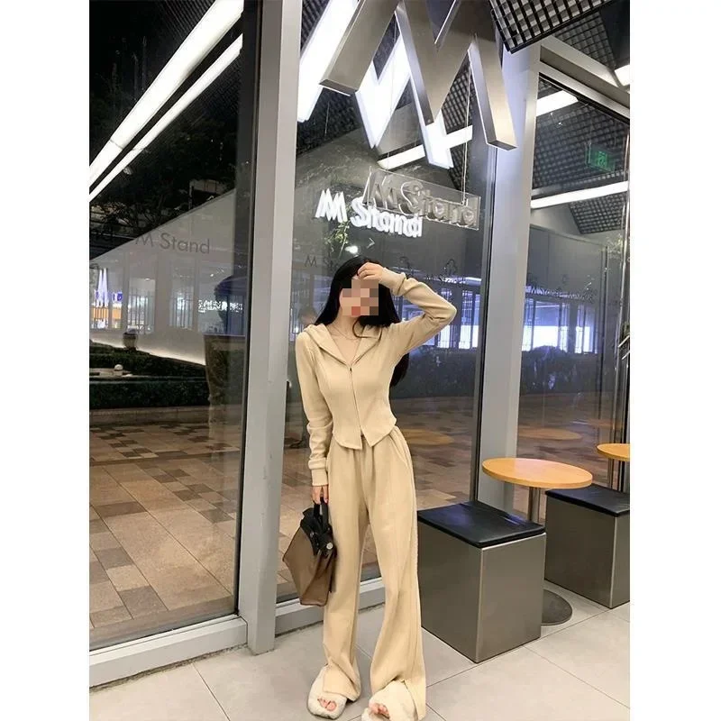 Korean Two Piece Sets Women Solid Casual Slim Fit Hooded V Neck Zipper Full Sleeve Tops Coats Wide Leg Long Pants Set 2023