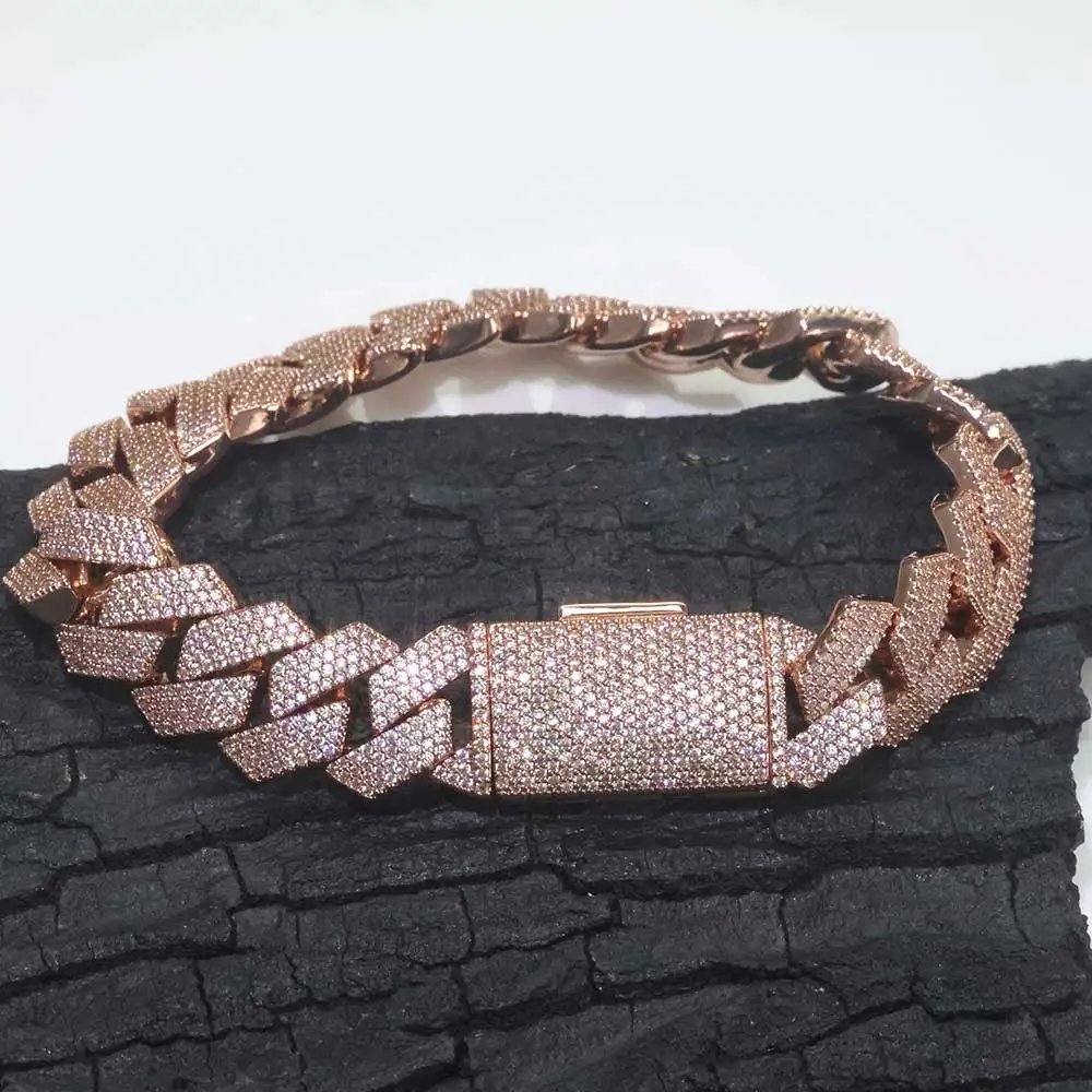 Rose Gold-Plated Women's Bracelet Hip Hop Cuban Chain 15mm 4 Rows Shining Cubic Zirconia Chain Men's Festival Jewelry