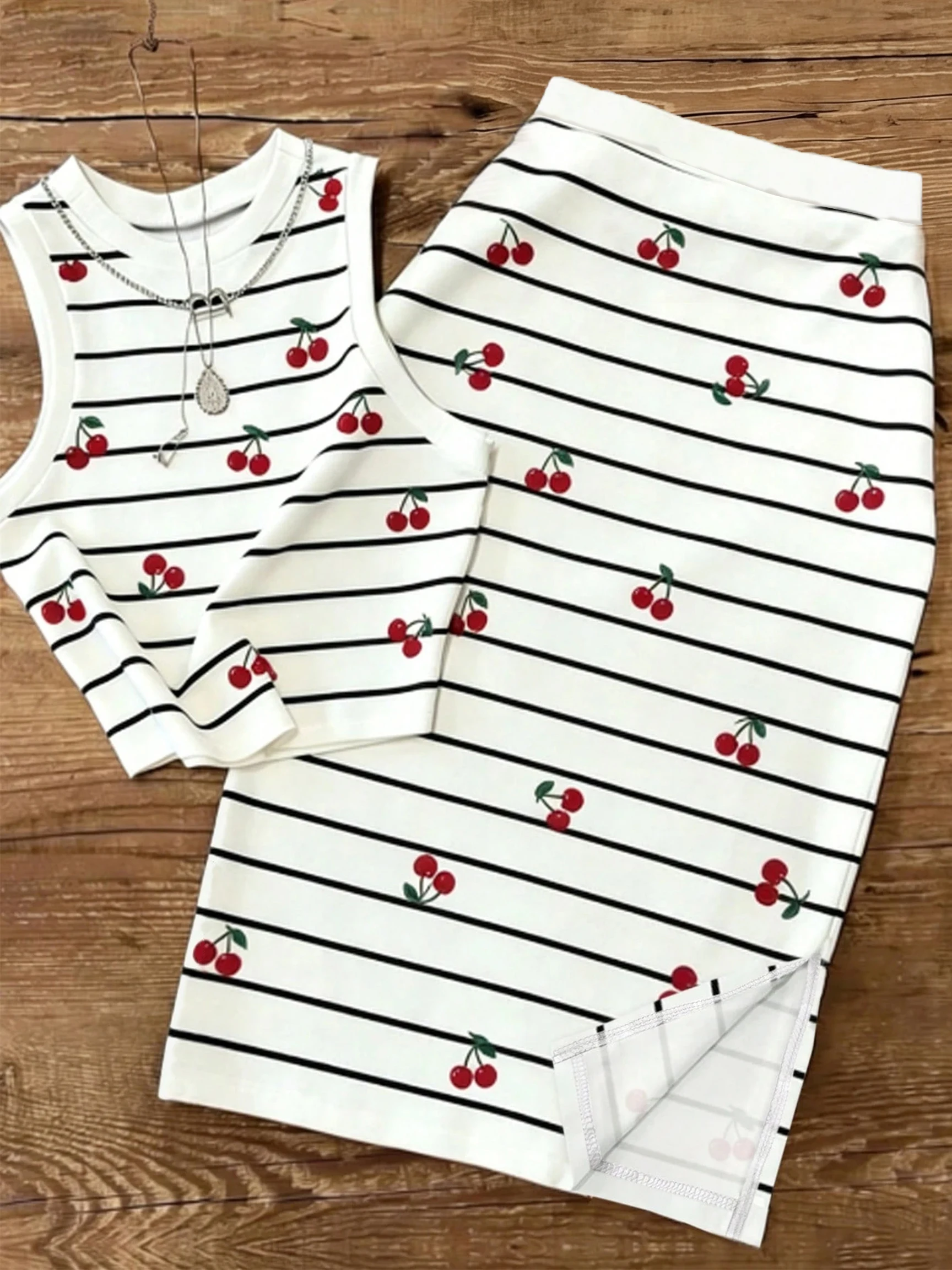 Cherry Print Striped Two-Piece Women's Outfit Sleeveless Tank Top High-Waisted Side Slit Midi Skirt Set