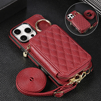 Crossbody Zipper Card Bag Wallet Leather Case For iPhone 16 Pro Max 15 Plus 17 Air 14 13 12 11 Lanyard Grid Ring Holder Cover