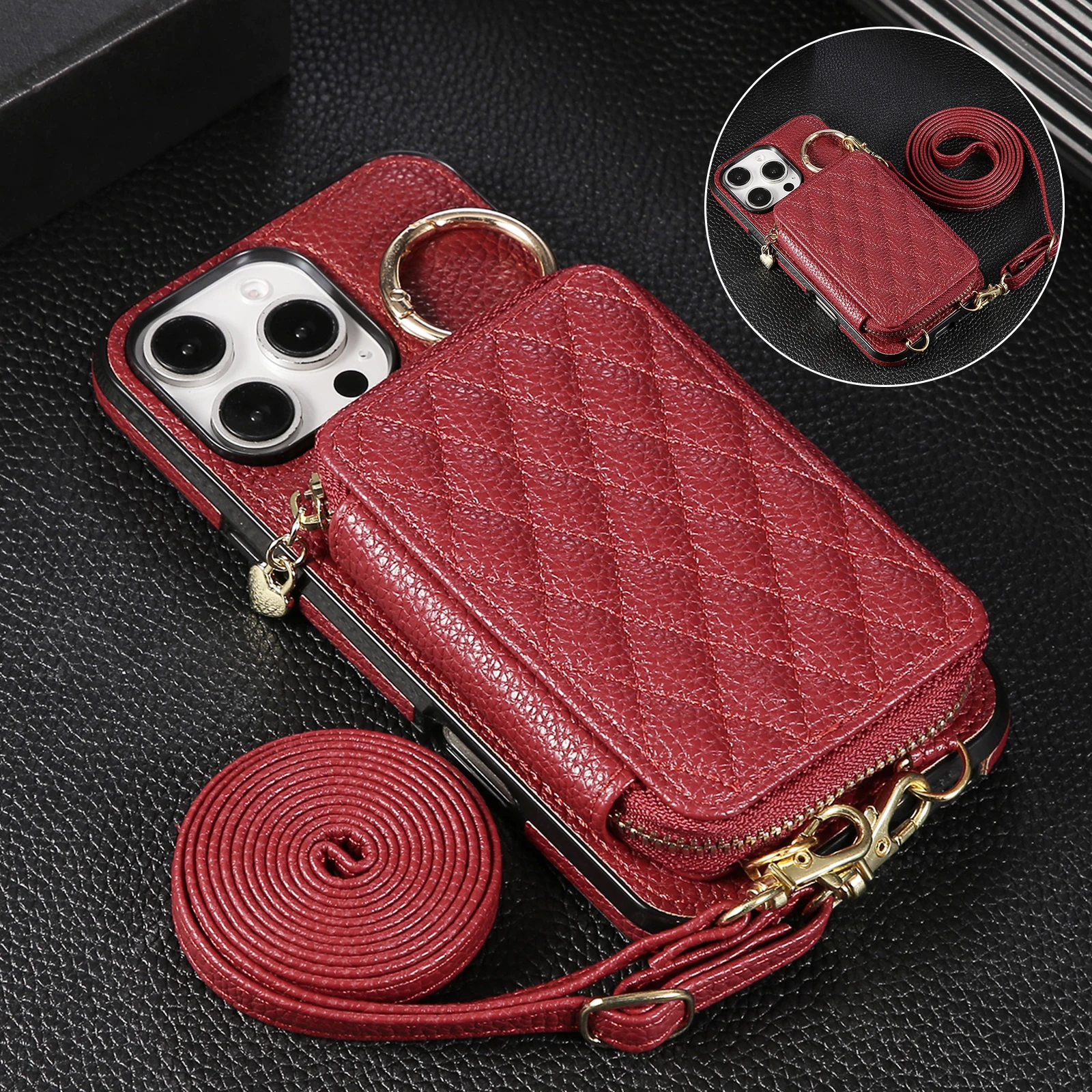 Crossbody Zipper Card Bag Wallet Leather Case For iPhone 16 Pro Max 15 Plus 17 Air 14 13 12 11 Lanyard Grid Ring Holder Cover