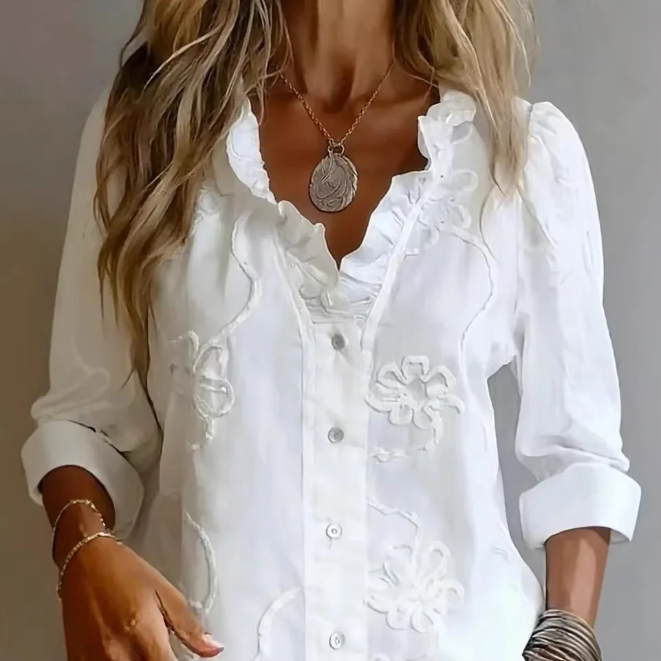 Casual Loose Ruffles Cotton And Line Shirt & Blouse Women Spring Autumn Fashion Solid Button Embroidered Shirts Tops Femme