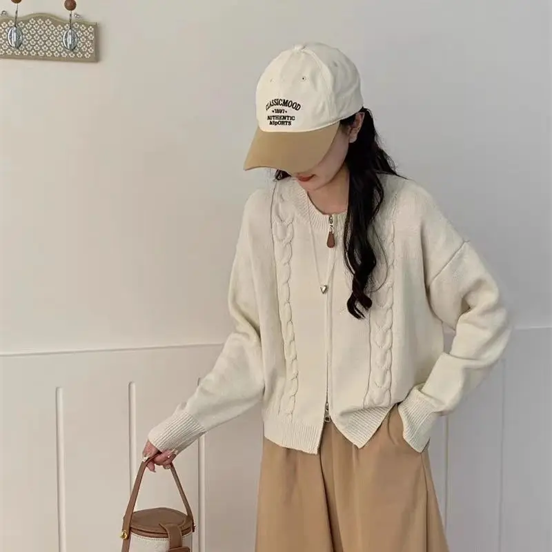 เสื้อโค้ทไหมพรมทรงสวีตเตอร์แบบเกาหลีเรียบง่าย ซิปแบบเส้นต่อเส้น ลายเกลียวขนมทอด สำหรับผู้หญิง ดีไซน์ใหม่ล่าสุดสำหรับฤดูใบไม้ร่วงและฤดูหนาว เสื้อถักอเนกประสงค์