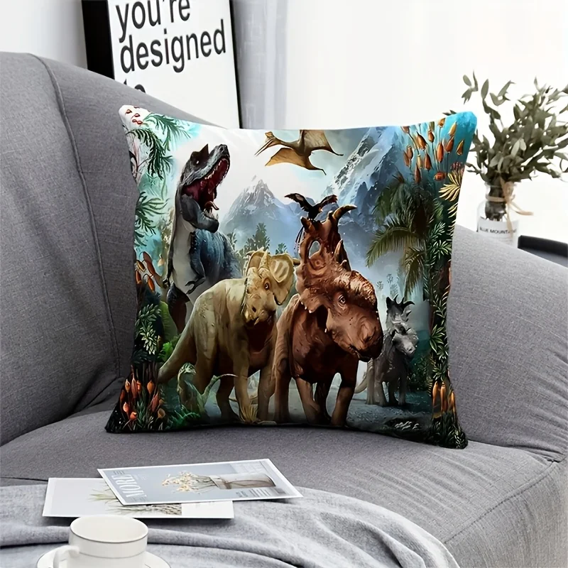 Prehistoric Dinosaur Scene Pillow Case, T-Rex & Triceratops Jungle Print Cushion Cover, Kids Room Adventure Home Decor Throw