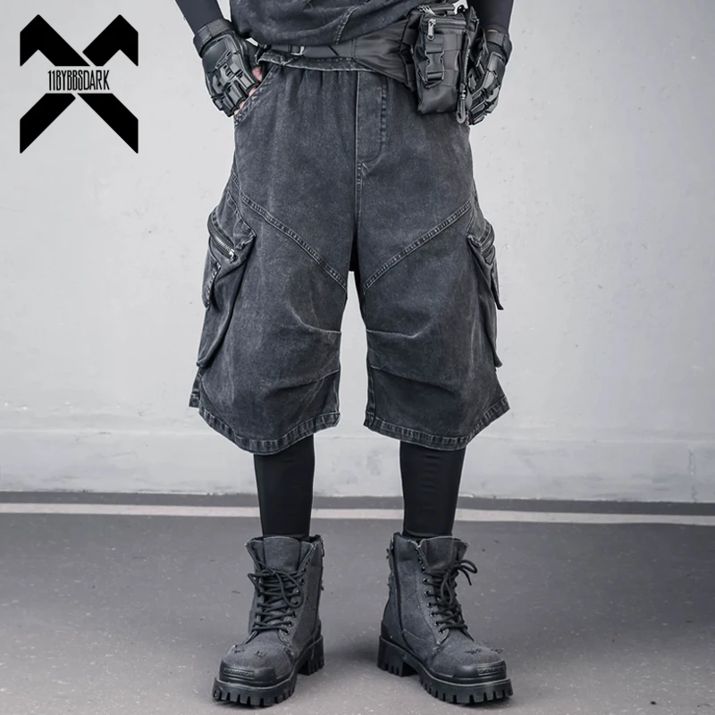 Men's Hip Hop Cargo Denim Shorts 2026 Summer Washed Multi-Pocket Loose Fit 5 Points Pants Streetwear