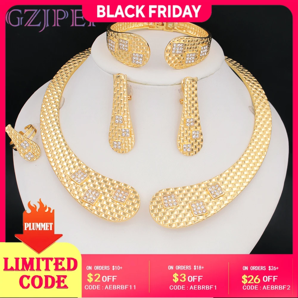 

GZJPEI 4Pcs Design Geometry Jewelry Set 18K Gold Plated Cuff Bracelet Necklace Long Earrring For Women Daily Jewelry Accessories