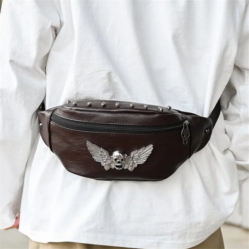 Mihaivina Men Skull Rivet Fanny Pack Waist Belt Bag For Women Leather Shoulder Pouch Bags Casual Luxury Designer Waist Pack Bag