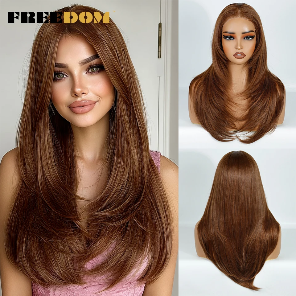 FREEDOM Synthetische Lace-Front-Perücken für Frauen, 20 Zoll, 13x3, glatt, vorgezupft, geschichtete Spitzenperücken, Ombre Braun Blond, Perücke für den täglichen Gebrauch – Detail 10