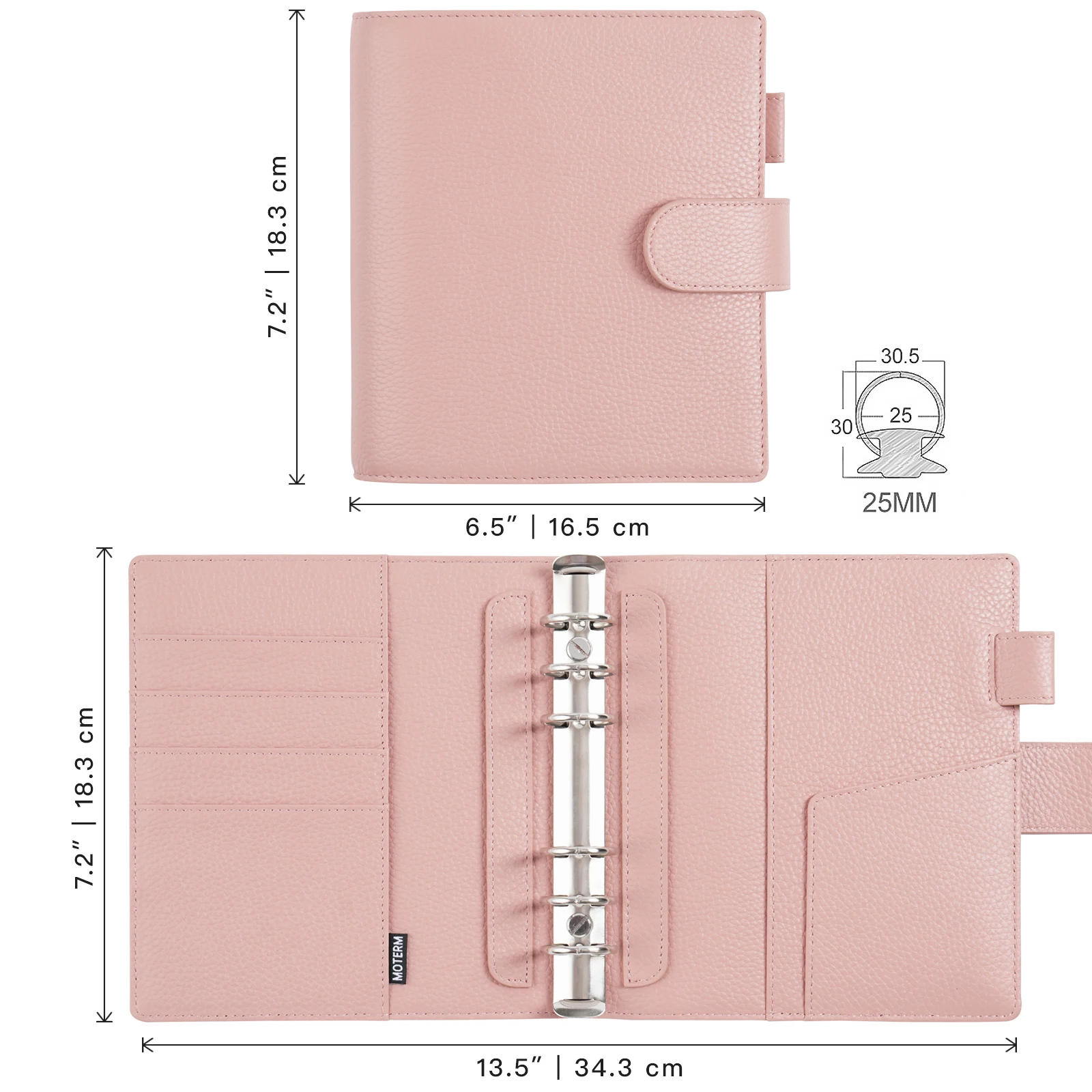 Moterm Elite Rings Planner Personal Wide Size without Big Back Pocket Pebbled Leather Notebook with 25mm Rings Organizer Diary