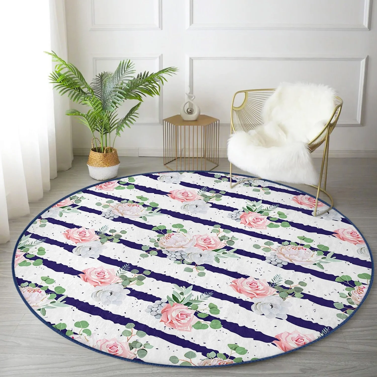 Floral Round Floor Mat, Navy Blue Stripes, Rose and Peony Print