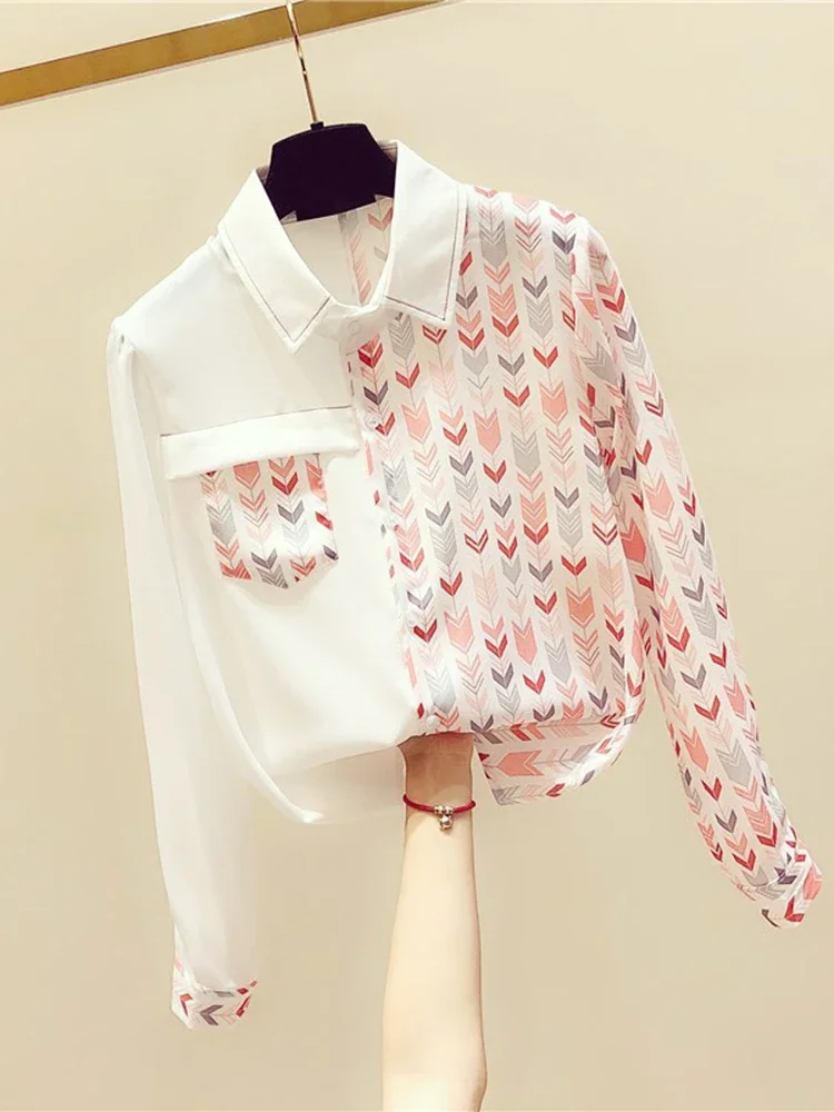 

Spring Autumn Women's Patchwork Shirt Tops Office Lady Retro Printed Shirt Women Loose Fashion Long-sleeved Shirt Woman GD275