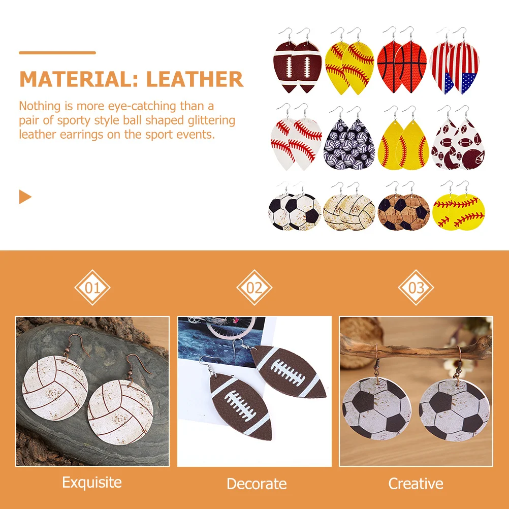 

12Pairs Lightweight Ball Shape Earrings Sporty Style Dangling Baseball Basketball Rugby Sports Theme Jewelry