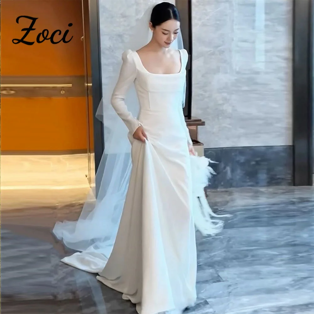Zoci Square Collar Long Sleeves Elegant Wedding Dresses A-line Court Train Bridal Gown Custom Made A-line Satin Photo Shoot Gown