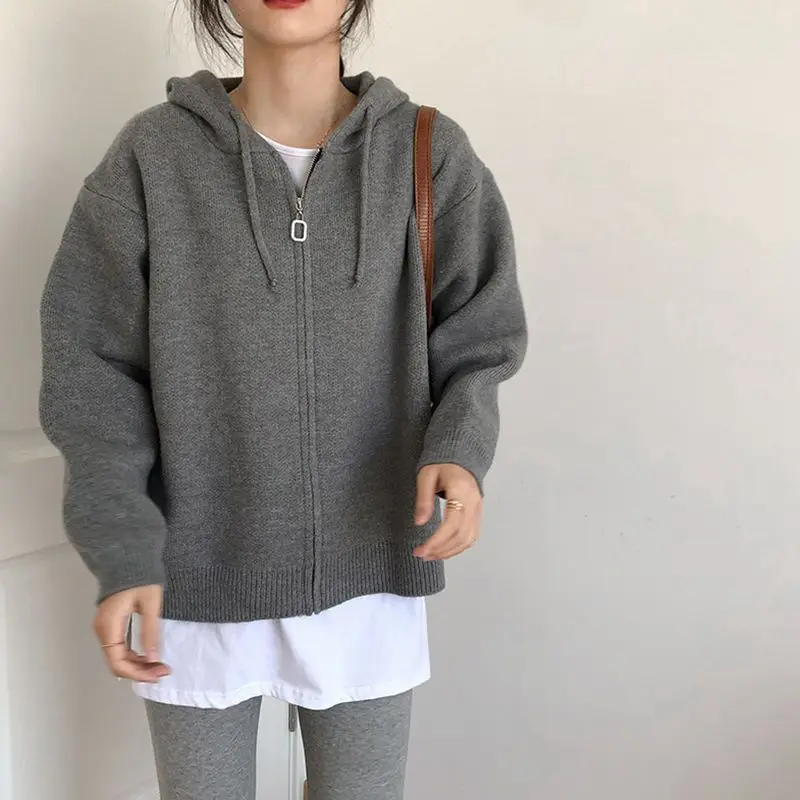 Trendy Korean Style Personalized Hooded Knitted Fir Sweatshirt Women Loose Lazy Style Korean Solid Color Y2k Sweater Jacket Top