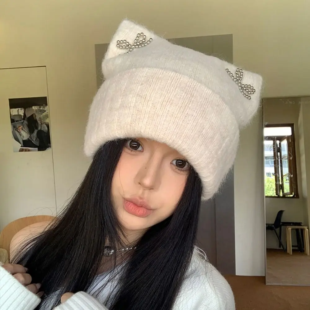 

Keep Warm Sweet Cool Cat Ears Beanie Hat Bow Ear Protection Knitted Pullover Hat Streetwear Fluffy Winter Wool Hat Winter