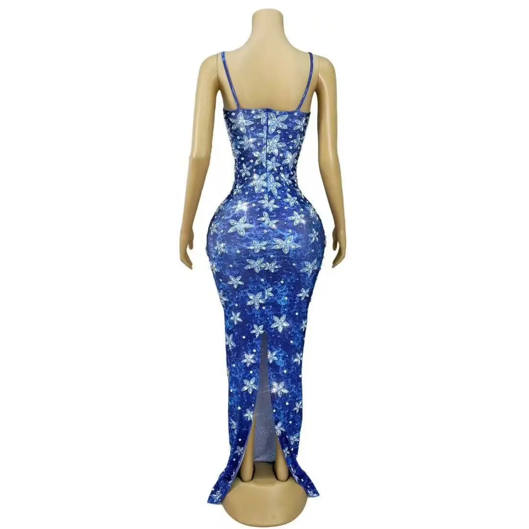 Sexy High-end Starry Sky Pattern Rhinestones Blingbling Suspenders Dress Evening Party Gown Show Red carpet Elegant Stage Wear