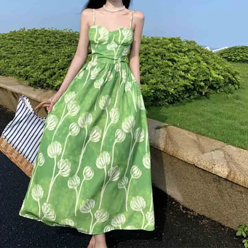 Elegant Green Printing Dress Women's Summer Seaside Beach High Waist Long Dresses 2024 New Fashion Casual Oliday Dress