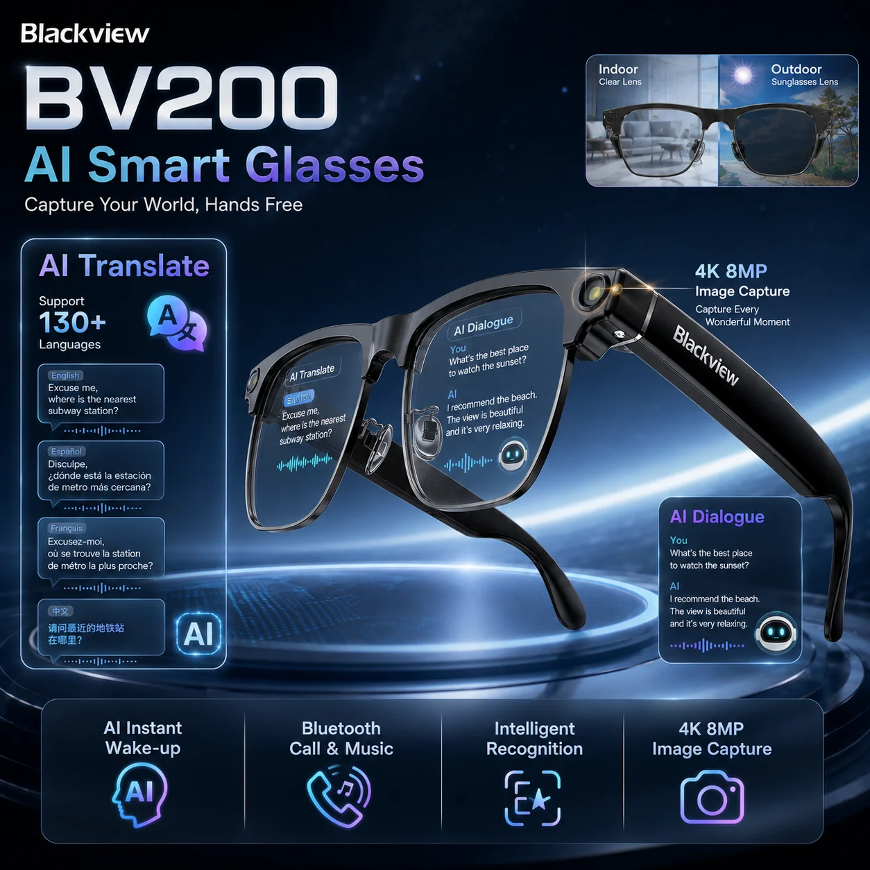 Blackview BV200 Smart Glasses 8MP Camera,32GB Storage,225mAh Battery,Waterproof Speaker,Noise Cancelling Mic,Wear Detection